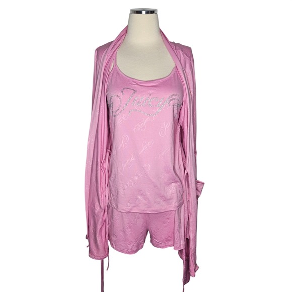 Juicy Couture Other - Juicy Couture Womens 3pc Pajama Set Pink Robe Cami Shorts Rhinestone Logo M NEW